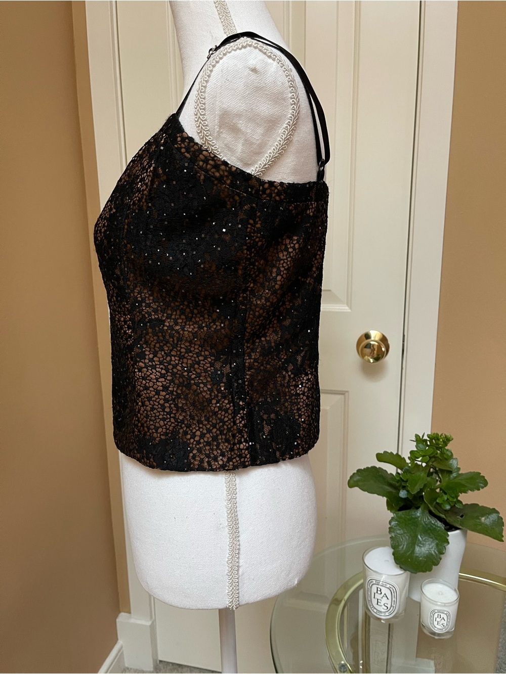 St. John Black Lace Sequin Bustier Top Bronze Lining Size 6 $995 - Picture 4 of 11